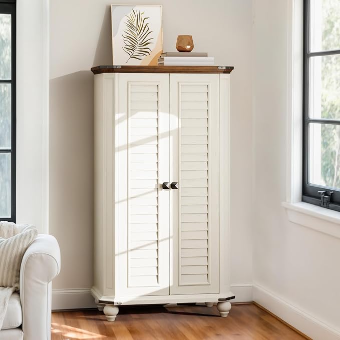 DWVO 45.2" Farmhouse Kitchen Pantry Cabinet wth 2 Shutters-Doors, White | 4-Tier Storage Cabinet, Adjustable Shelves, Wooden Tool Cabinet for Dining Room, Bathroom, Living Room, Laundry Room, Office