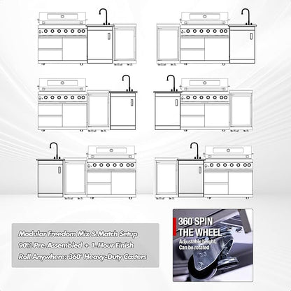 Outdoor Kitchen Island, 82 Inch 6 Burner Propane Gas Grill Combination With Refrigerator and Sink, Outdoor Stainless Steel Barbecue Bar, 85000 BTU Propane Grill for Patios, Gardens, Parties