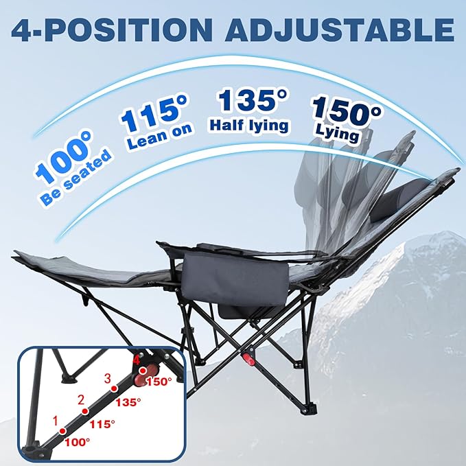 2-Pack Reclining Camping Chair 4 Position with Foot Rest Comfortable for Adults 265Ibs Folding Lounger Mesh Beach Chair with Cooler Bag,Cotton Cushion and Cup Holder for Outdoor Patio