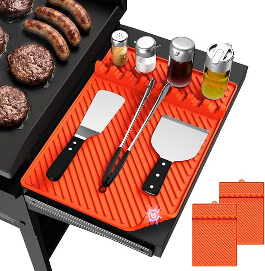 Grill Silicone Mat for Blackstone - BBQ Side Shelf Mat With Magnetic 2 PCS | Waterproof and Oil-proof,450°F Heat Resistant,Food Grade,Griddle Accessories,Spatula Utensil Storage Rack,Outdoor and Kitchen