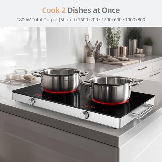 Infrared Double Burner Hot Plate,1800W Portable Electric Cooktop for 110-120V Outlet, Ceramic Glass Top, Knob & Touch Control, 9 Power Levels, Timer, Works with Any Cookware