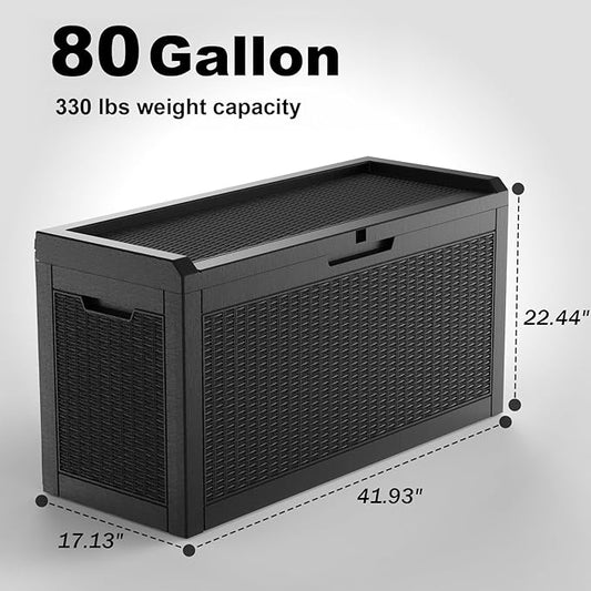 ROJIK Outdoor Storage Box, 80 Gallon Waterproof Deck Box, Weatherproof Resin Outside Storage Bin for Patio Furniture, Garden Tools, Pool Accessories, Cushion, Black