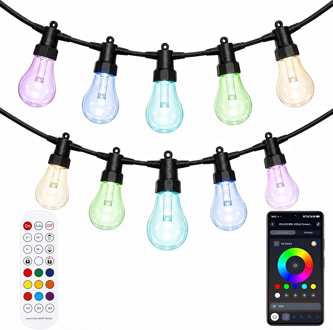 27FT Outdoor String Lights, RGBW LED String Lights Outdoor with APP & RF Remote Control, Color Changing Patio Lights Outdoor Waterproof IP65, for Backyard Garden Party Wedding Christmas Decor