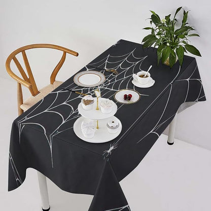 Spider Web Tablecloth, Scary Horror Spider Ghost Black Water Resistant Wipeable Table Cover for Picnic Party Holiday Kitchen Dinner Table 55"x55"