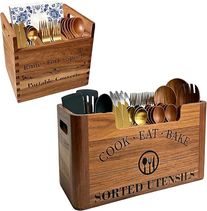2-in-1 Acacia Wood Kitchen Utensil Holder, Large Farmhouse Countertop Organizer with Warm Aesthetic Removable Silverware Caddy, Rustic Wooden Container for Counter, Dining room & Island