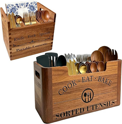2-in-1 Acacia Wood Kitchen Utensil Holder, Large Farmhouse Countertop Organizer with Warm Aesthetic Removable Silverware Caddy, Rustic Wooden Container for Counter, Dining room & Island