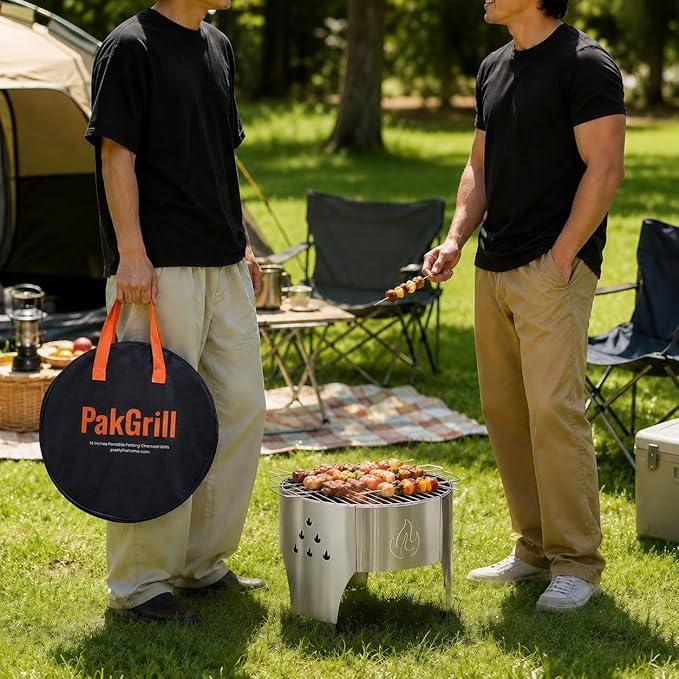 14" Portable Folding Campfire Grill, Stainless Steel Charcoal Grill with Carry Bag for Camping, Bonfire, Picnic and Backyard Cooking