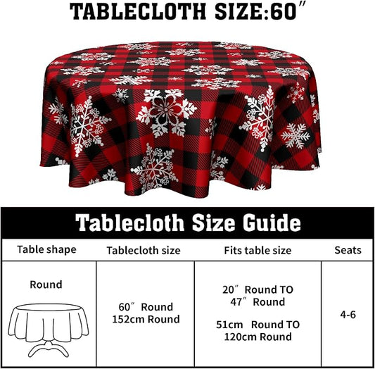 Sweetshow Christmas Round Tablecloth 60 Inch Red Black Buffalo Plaid Tablecloth Waterproof Polyester Xmas Winter Snowflake Table Cloth Table Cover for Kitchen Dining Room Picnic Patio Party