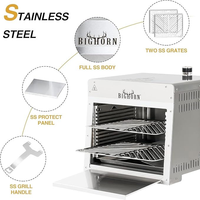 BIG HORN OUTDOORS 1500°F Small Infrared Propane Gas Grill – Portable Steak Broiler & Sear Station, Outdoor Salamander BBQ with Pizza Stone, Stainless Steel