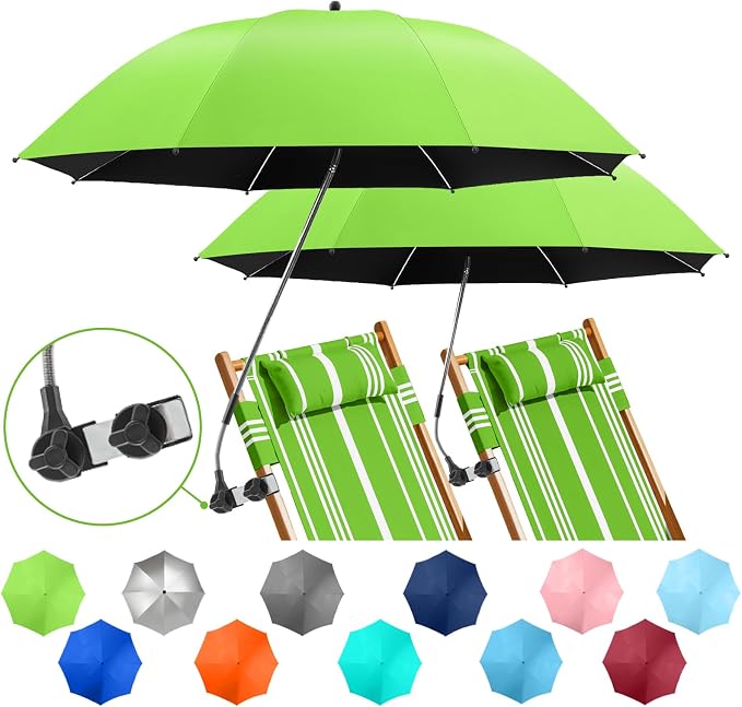 2 PACK Beach Umbrella with Clamp, 360 ° Adjustable Umbrellas for Chair, UPF50+ Umbrella for Beach Chair, Patio Chair, Wheelchair, Camping Chair, Golf Carts (Chair Not Included)