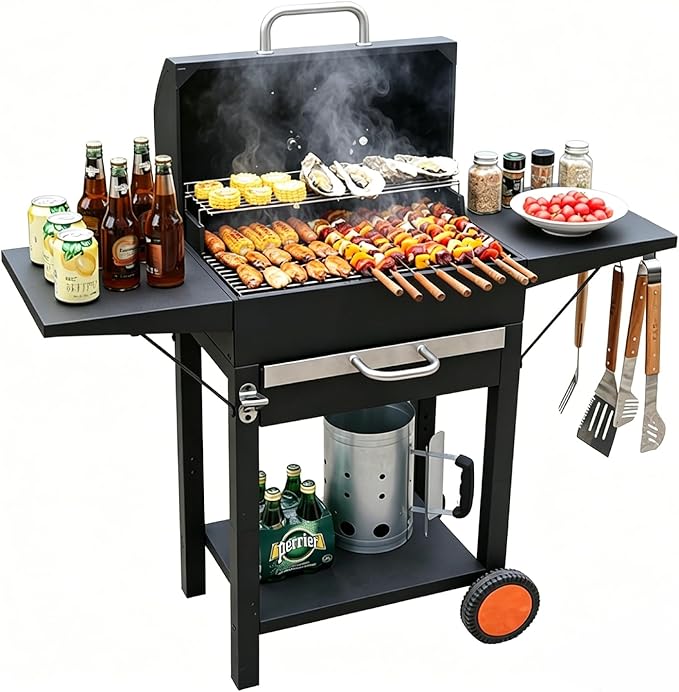 24 Inch Portable Charcoal Grill with 2 Side Table– Large Stainless Steel BBQ Grill with Adjustable Heat Control & Ash Catcher, 239 sq.in. Cooking Area for Backyard Camping Picnic Tailgate Party