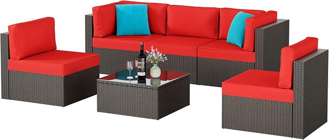 6 Pieces Patio Furniture Set Outdoor Couch Wicker Sectional Sofa, Red
