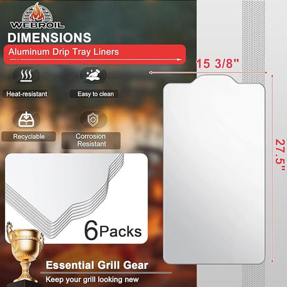 6 Packs BAC520 Drip Tray Liners for Traeger Pro 780 Pellet Smoker Grill, Heat-Resistant Foil Liners for Traeger Pro 780 Grill Accessories, Aluminum Tray for Catching Grease 27" x 15 3/8 "