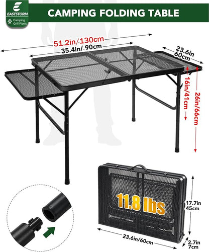 3 Ft Camping Table Foldable, Metal Mesh Grill Table with Side Wing Panels | Black Finish, 2 Adjustable Heights, Storage Net, Paper Towel Holder, Hooks and Trash-Bag Rack for Camping, BBQ and Picnics