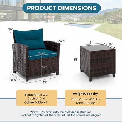 HAPPYGRILL 3 Pieces Patio Conversation Set, Outdoor Furniture Set PE Rattan Sofa Set with Removable Cushions, PE Wicker Chairs with Tempered Glass Side Table for Porch Lawn Garden Balcony Backyard