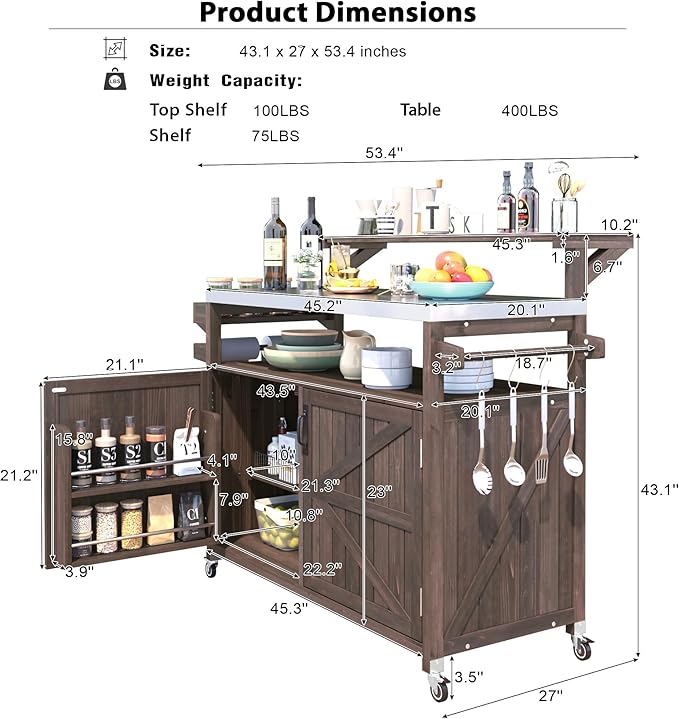 Outdoor Kitchen Island with Raised Shelf,Solid Wood Storage Cabinet with Stainless Steel Top,Outdoor Rolling Grill Cart with Internal Storage Rack, Adjustable Shelf,Spice Rack (Brown#028)