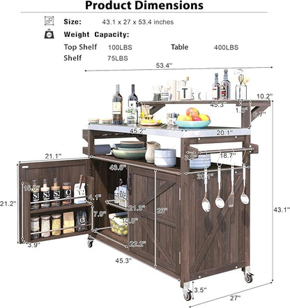 Outdoor Kitchen Island with Raised Shelf,Solid Wood Storage Cabinet with Stainless Steel Top,Outdoor Rolling Grill Cart with Internal Storage Rack, Adjustable Shelf,Spice Rack (Brown#028)