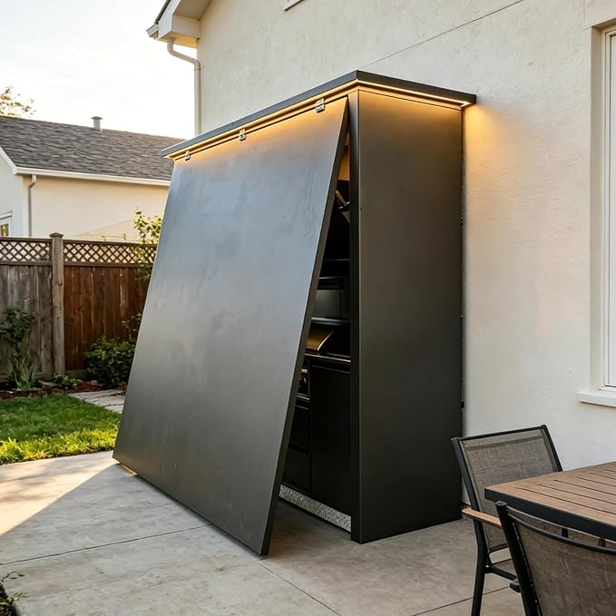Prefabricated Modular Outdoor Kitchen Kits with Roof, Outdoor Kitchen Pod with Grill Sink Refrigerator Storage, Backyard Patio BBQ Kitchen Island for Outdoor Cooking