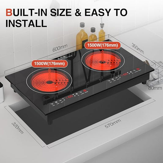 4000w Electric Cooktop, 24" Electric Stove 2 Burner Hot Plate Built-in Double Burner Cooktop with LED Touch Screen,9 Heating 9 Temperature,Kids Lock & Timer,Suitable for all Pans