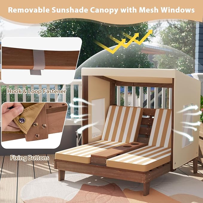 Kids Lounge Chair Outdoor, 2-Seat Toddler Patio Chair with Cushions, Cup Holders, Detachable Canopy, Wooden Double Chaise Lounge for Lawn, Pool, Garden, and Yard (Coffee)