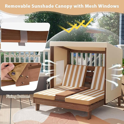 Kids Lounge Chair Outdoor, 2-Seat Toddler Patio Chair with Cushions, Cup Holders, Detachable Canopy, Wooden Double Chaise Lounge for Lawn, Pool, Garden, and Yard (Coffee)
