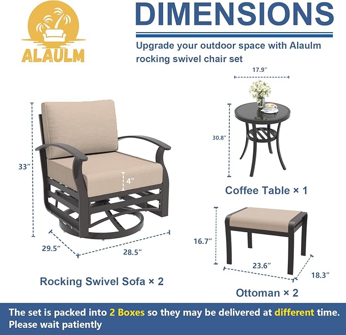 ALAULM 5 Piece Aluminum Outdoor Swivel Chairs High Back Metal Swivel Rocking Chairs with 5.1" Sponge Cushions, 2 Ottmans and 1 Coffee Table for Patio, Porch, Backyards, GardenSand