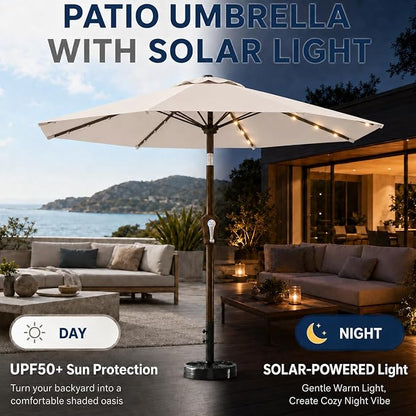 11FT Solar Patio Umbrella with Lights, Outdoor Table Market Umbrella with 32 LED Lights, 8 Sturdy Ribs, Smooth Crank Lift for Pool, Deck and Garden, UV-Resistant