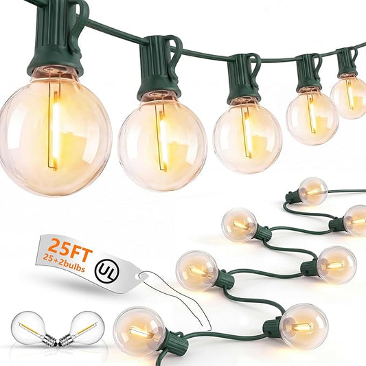 25FT LED Outdoor Christmas String Lights Waterproof, Hanging G40 Globe Patio Lights with 27 LED Shatterproof Warm White Bulbs, Outdoor Christmas Decorations Light for Wedding Party Backyard, Green