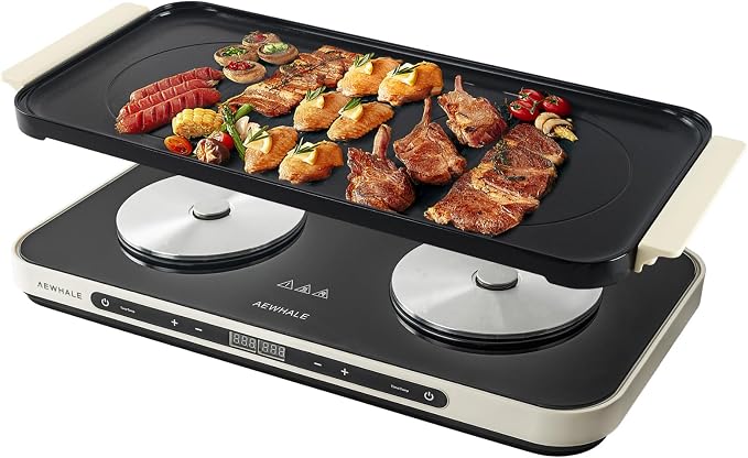 AEWHALE Electric Glass Cooktop 2 Burners | Removable Griddle Pan, Ceramic Non-stick, 900W+900W, Sensor Touch, Adjustable Temperature/Time