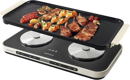 AEWHALE Electric Glass Cooktop 2 Burners | Removable Griddle Pan, Ceramic Non-stick, 900W+900W, Sensor Touch, Adjustable Temperature/Time