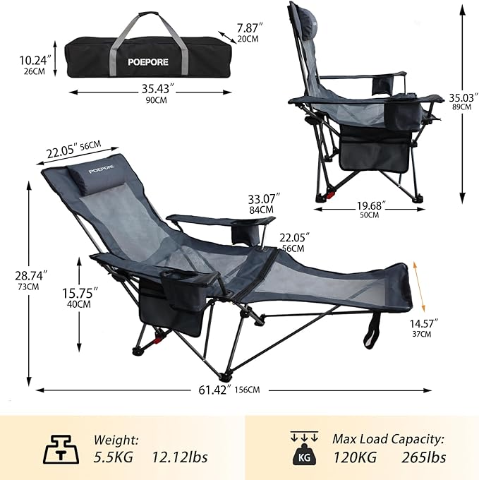 Reclining Camping Chair with Removable Footrest Lounge Chair with Headrest, Cotton Cushion, Portable Adjustable Folding Chairs