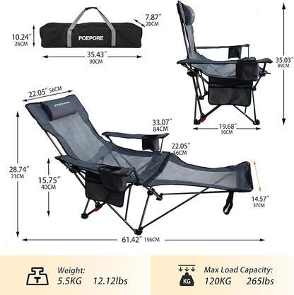 Reclining Camping Chair with Removable Footrest Lounge Chair with Headrest, Cotton Cushion, Portable Adjustable Folding Chairs