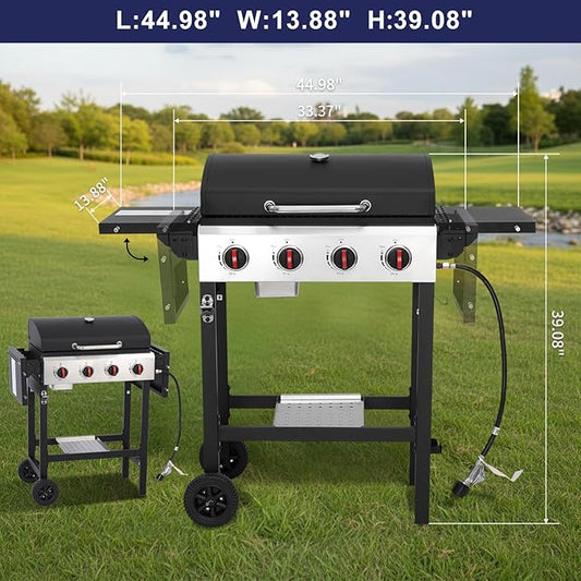 4-Burner Propane Gas Grill with Cast Iron Grate, 40,000 BTU Output & 302 Sq. Inch Cooking Space, Easy-Clean System & Foldable Side Tables for Outdoor BBQ (4-Burner)