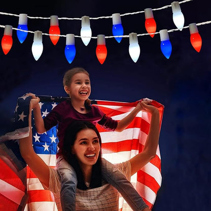 25Ft Red White and Blue Christmas Lights C9, 25 LED Fourth of July Light Shatterproof Plug in Outdoor Patriotic Lights for Patio Home Independence Day Memorial Day Christmas Decor