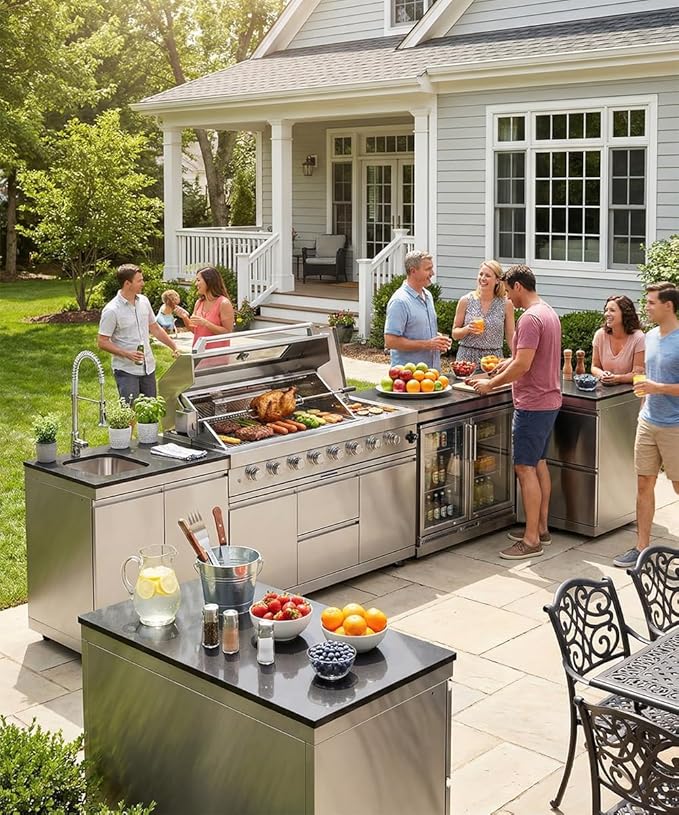 BBQ Outdoor Kitchen Island Grill Barbecue Modular Patio Kitchens Kits with Electric Rotisserie, Sink, fridge, and Burner for More than 15 People