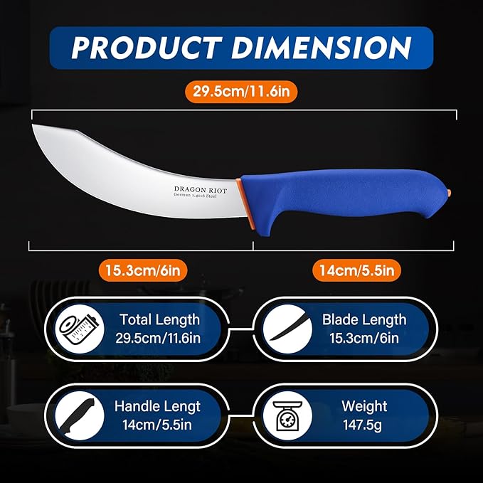 DRAGON RIOT 6 Inch Skinning Knife, Meat Butcher Knife for Beef & Processing, Stainless Steel Kitchen Knife, Sharp Boning & Cutting Knife with Non-Slip Handle