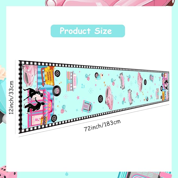 1950s Theme Table Runner, 50s Rock and Roll Retro Diner Linen Fabric Table Runner for Everyday Use 72 x 13 Inches, Washable Table Cover for Indoor Outdoor Kitchen Dining Table Decor