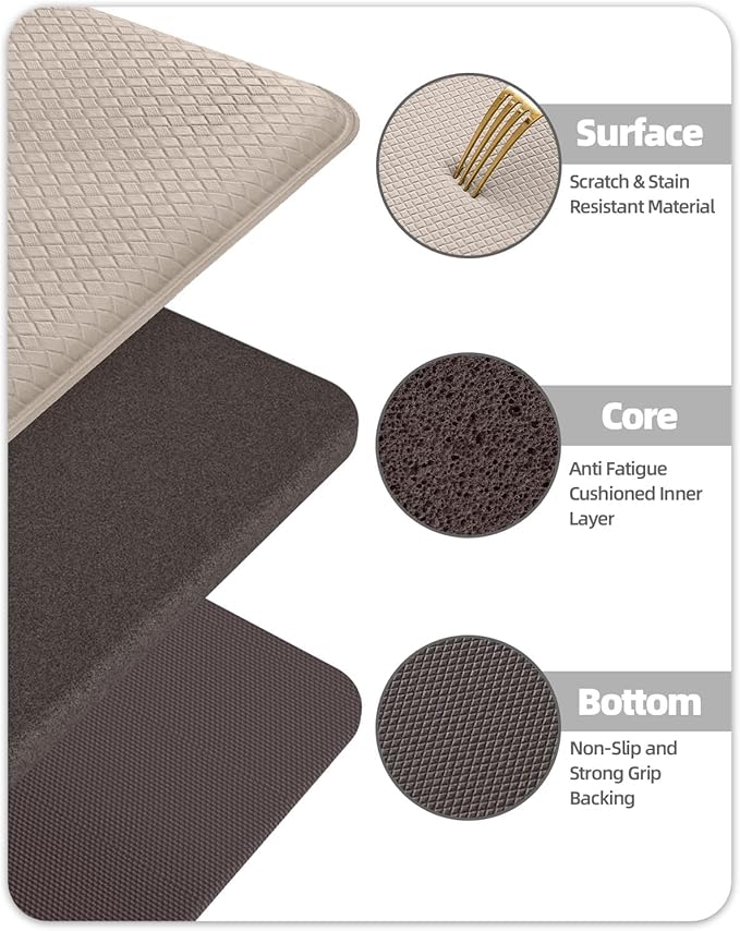 Color&Geometry Anti Fatigue Cushion Kitchen Mat for Floor -24"x71",Wide,Easy Clean, Water & Oil Proof, Anti Slip, Foam Rubber Runner Rug for Front Sink Comfort Standing,Dark Beige
