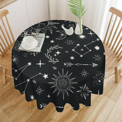 Sun Moon Round Tablecloth Boho Astrology Celestial Constellation Star Crescent Galaxy Space Table Cloth Water Resistant Wipeable Table Cover for Picnic Party Holiday Kitchen Dinner Table 36"