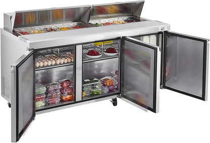 VEVOR 72"W Commercial Refrigerator, 18.7 Cu. Ft Sandwich Prep Refrigerated Table, Mega Top Food Prep Fridge with 18 Pans and Cutting Board, Stainless Steel Salad Prep Cooler for Restaurant, Food Truck