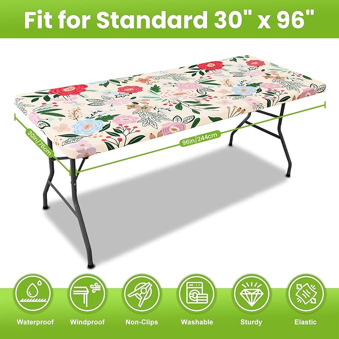 Smiry Spandex Fitted Tablecloth for 8 Foot Rectangle Tables, Washable Picnic Table Cover with Elastic, Stretch Reusable Table Cloth for Outdoor, Camping, Dining & Kitchen (Beige Flower, 30"x96")