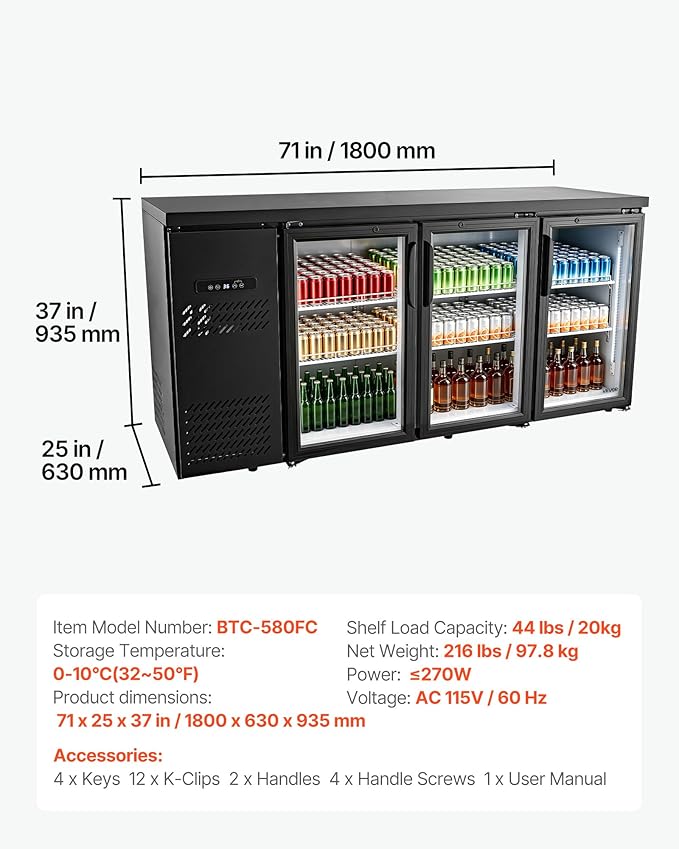 VEVOR Back Bar Cooler, 19.6 Cu. Ft Counter Height Beverage Refrigerator, Commercial Bar Display Fridge w/ 3 Glass Doors, LED Lighting, Fan Cooling Beer Wine Cooler for Pub, Merchandiser, Store