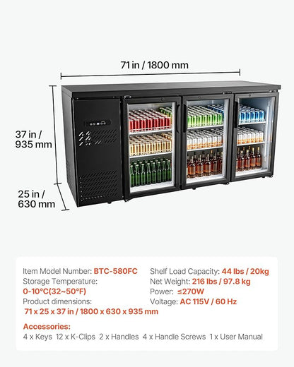 VEVOR Back Bar Cooler, 19.6 Cu. Ft Counter Height Beverage Refrigerator, Commercial Bar Display Fridge w/ 3 Glass Doors, LED Lighting, Fan Cooling Beer Wine Cooler for Pub, Merchandiser, Store