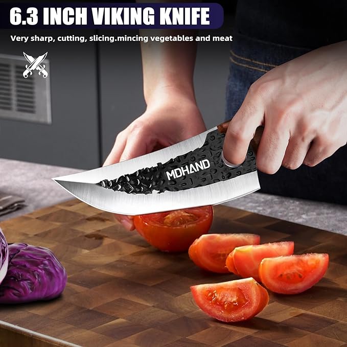 MDHAND Butcher Knife Set, 8PCS Hand Forged Serbian Chef Knife Set, Meat Cleaver Knife for Kitchen, Bone Chopper Knives & Viking Knives for Home & Outdoor Camping BBQ, Gift for Men