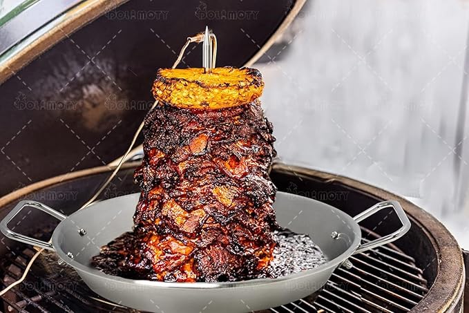 BBQ Vertical Skewer Pan Gyro Spit Stand for oven, Al Pastor Shawarma Skewer for Grill, El Pastor Hack for Tacos Al Pastor Chicken, Brazilian, Stainless Steel, with 8",10" and 12" stick