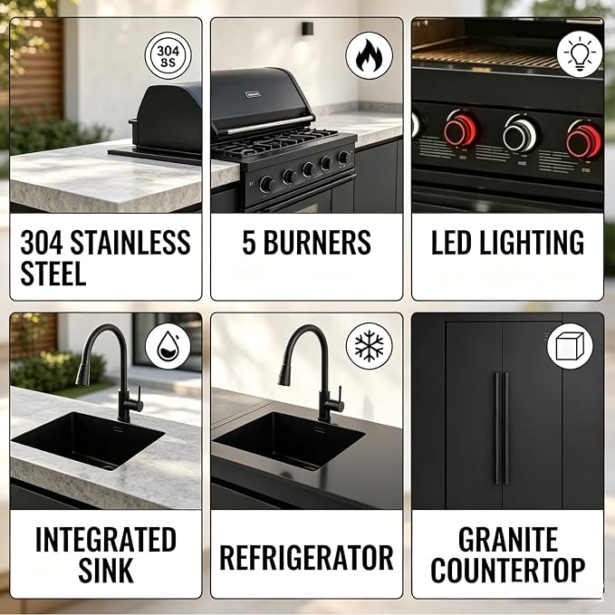 Outdoor Kitchen Island Grill, 6-Burner Gas Grill with Refrigerator, Sink & Food Prep Countertop, Heavy Duty Stainless Steel Modular Outdoor Kitchen for Backyard, Patio