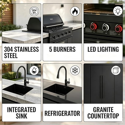 Outdoor Kitchen Island Grill, 6-Burner Gas Grill with Refrigerator, Sink & Food Prep Countertop, Heavy Duty Stainless Steel Modular Outdoor Kitchen for Backyard, Patio