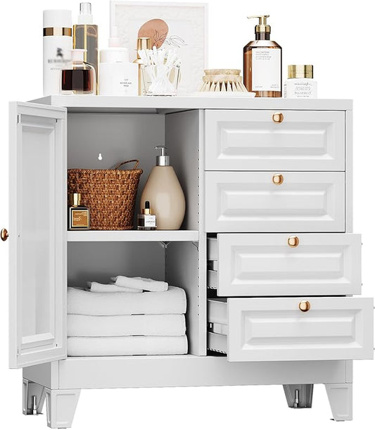 Bathroom Storage Cabinet with 4 Drawers,Metal Bathroom Floor Cabinet with Door and Shelves,Toilet Paper Storage Cabinet for Bathroom, 33" H x 31.5" W x 15.75" D,White