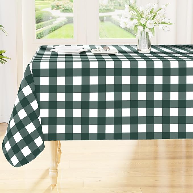 Smiry Picnic Table Cloth, Vinyl Tablecloths with Flannel Backing, 60"x84" | Waterproof Rectangle Table Cloth, Wipeable Buffalo Plaid Table Cover for Indoor and Outdoor (Hunter Green & White)