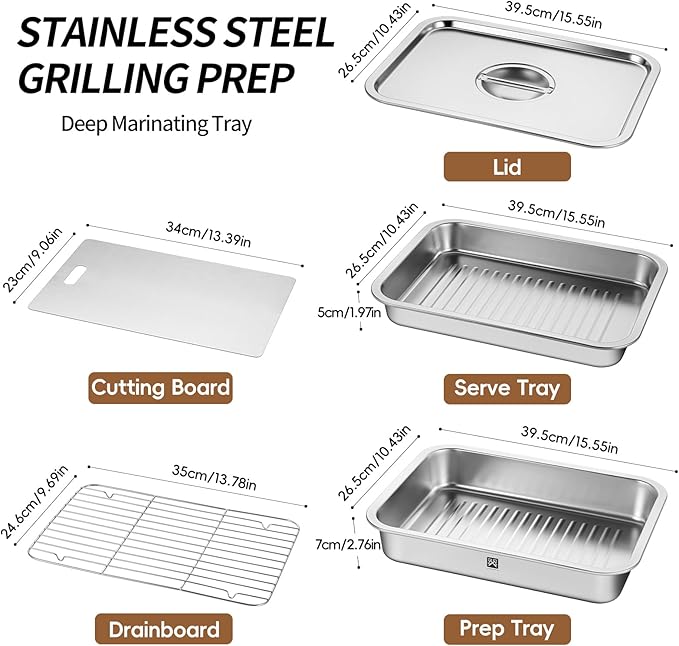 GOLDEN KEY Grilling Prep and Serve Tays,Stainless Steel Grill Carry System,Heat Resistant & Stackable,Grill Prep Trays Set of 5,Marinade Container with Lid and Cutting Board,Grilling Gifts for Men